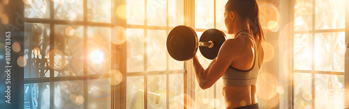 A woman standing in a gym, holding a barbell, ready to start her workout routine workout strength gym dedication 