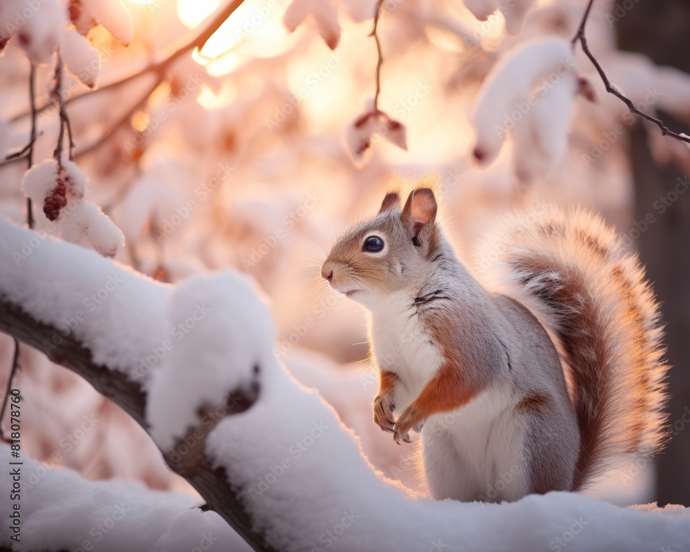 Cute squirrel on the branch in the winter forest. Cute squirrel on the branch in the winter forest.