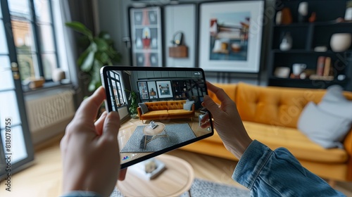 Person using a tablet with augmented reality AR features to visualize a digital model of a piece of furniture in their living room photo