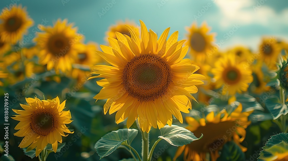 Obraz premium A picturesque sunflower field with a bright blue sky overhead.