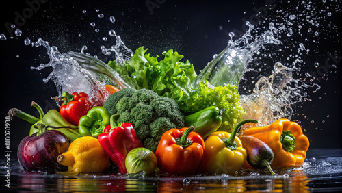 High-speed shot of water splashing onto a variety of vegetables  capturing their freshness against a black backdrop