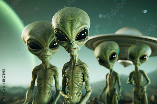 Some alliens looking to the camera, close-up view. Fine idea to celebrate UFO day