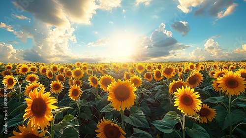 A picturesque sunflower field with a bright blue sky overhead.