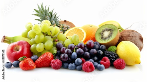 A variety of fruits are arranged together on a white background.