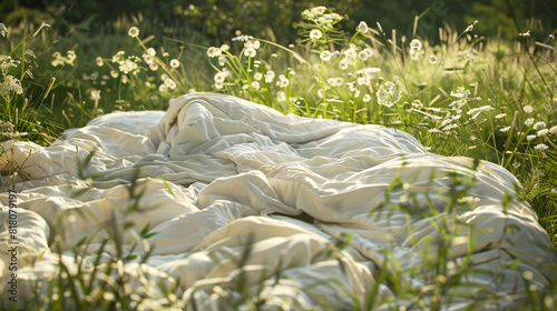 a bed on grass with white duvet English countryside