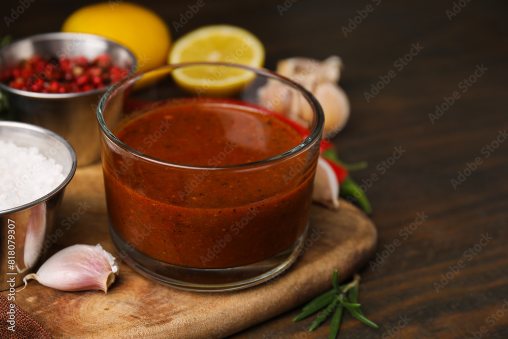 Fresh marinade and ingredients on wooden table, closeup. Space for text Fresh marinade and ingredients on wooden table, closeup. Space for text