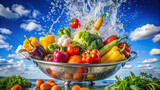 Freshly harvested vegetables being rinsed in a basin of water, with each splash reflecting the colors of the bright blue sky above.