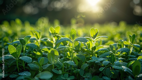 A field of alfalfa growing lush and green in the summer sun.