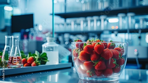 Modern laboratory setup with strawberries in a clear glass container