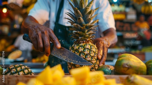 A man is cutting a pineapple in a market