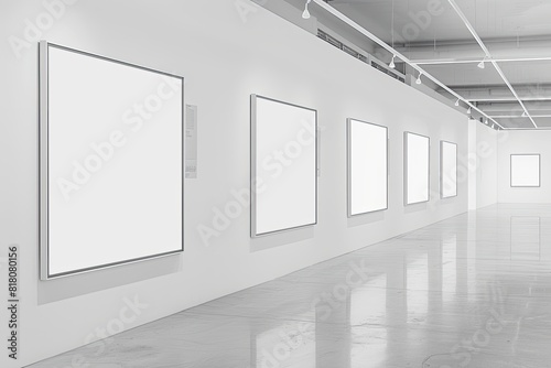 Inside a minimalist art gallery  a series of empty frames hang in pristine white walls  inviting visitors to contemplate the beauty of negative space.