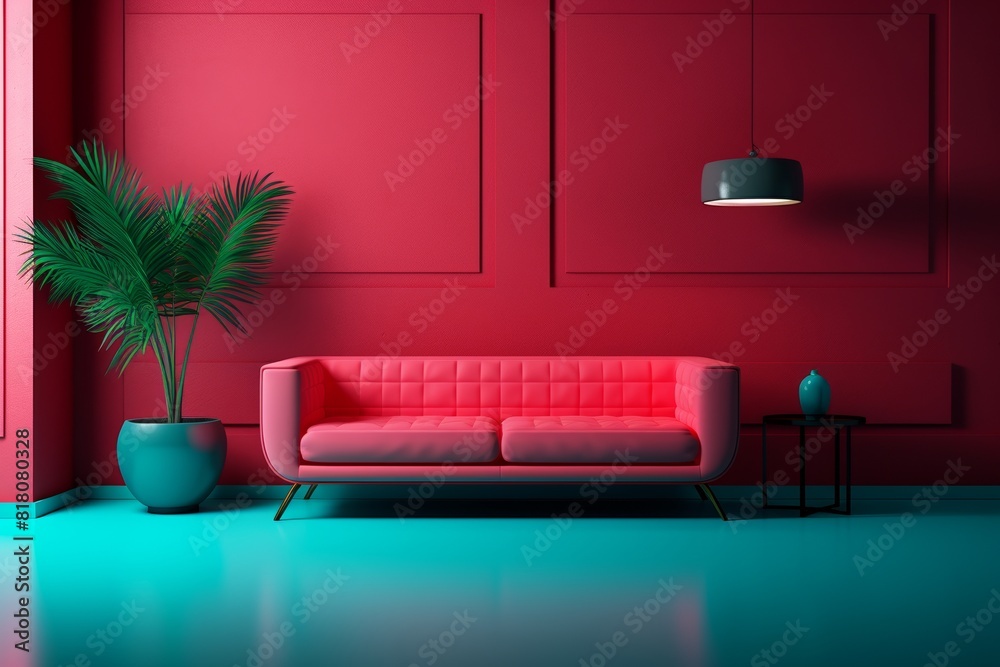 3d rendering of a Living room interior with red sofa, blue floor and plant in pot. 3d render 3d rendering of a Living room interior with red sofa, blue floor and plant in pot. 3d render