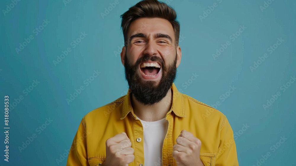 joyful bearded man celebrating amazing success excited laughter portrait