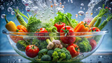 A variety of vegetables submerged in a basin of water, with bubbles rising to the surface, creating a tranquil and refreshing scene