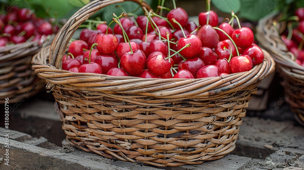 A basket of freshly picked cherries with their stems still attached. A basket of freshly picked cherries with their stems still attached.