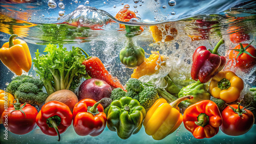 An artistic composition of various vegetables submerged in water  with ripples and bubbles accentuating their natural beauty.