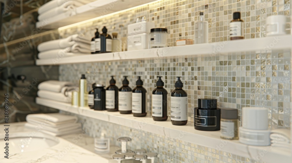 A bathroom with shelves neatly arranged and filled with various beauty products such as skincare, makeup, and haircare items.
