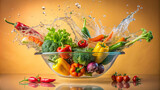 Colorful assortment of assorted vegetables immersed in a basin of water, with vibrant splashes captured mid-air against a pastel-hued backdrop.