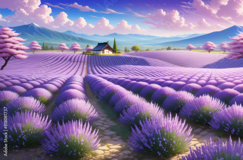 A fantastic landscape with a lavender field  trees  mountains and sakura.