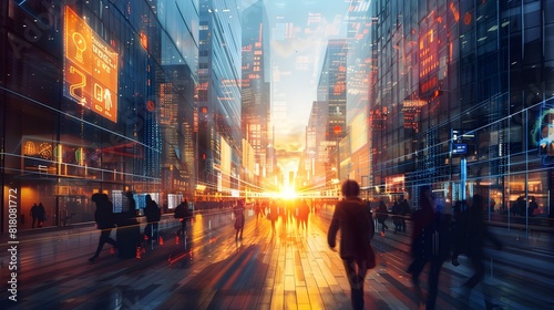 Futuristic Urban Sunset with Digital Displays and Smartphone Illuminated Commuters Generative ai