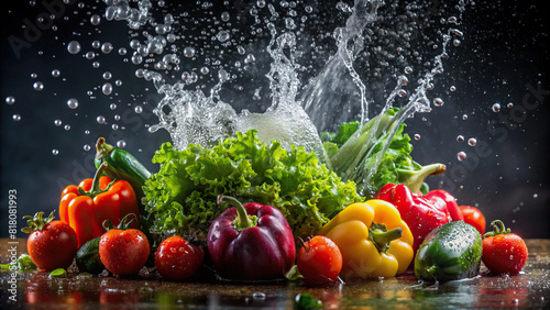 Close-up of water droplets bouncing off fresh vegetables, capturing the essence of vitality against a dark, moody background photo