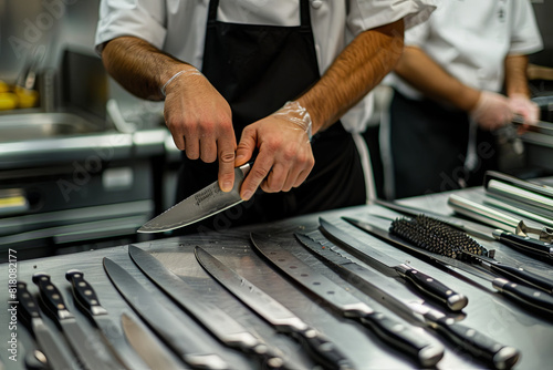 Midsection of male chef selecting knife sharpener out of full set in commercial kitchen
