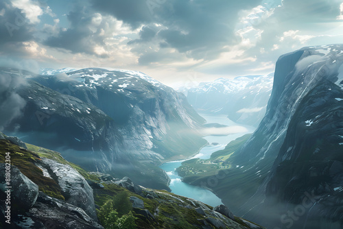 Bird eye view of mountain range and valley with  river in northland. Beautiful mountaim wallpaper for postcard or travel poster. photo