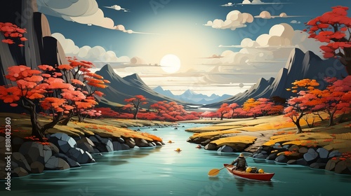 Lifestyle Concept, Friends enjoying a leisurely kayak trip along a winding river. surrealistic Illustration image,