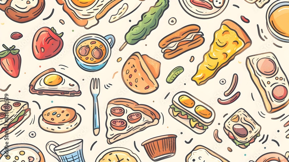 Whimsical Doodle Compilation of Vibrant Breakfast Food Motifs and Abstract Generative ai