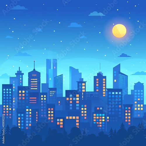 Cityscape mural mockup flat design front view blue theme cartoon drawing Vivid