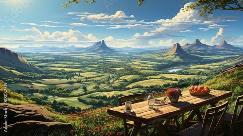 Lifestyle Concept, Friends enjoying a picnic lunch at a scenic viewpoint overlooking a valley. surrealistic Illustration image,