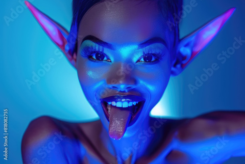 Female figure resembling an elf, displaying distinctive pointed ears, engaging in licking tongue action photo