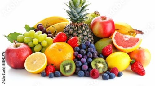 A variety of fruits including apples  grapes  bananas  pineapple  kiwi  grapefruit  lemon  blueberries  raspberries  and strawberries
