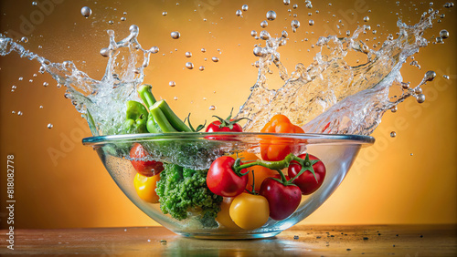 Fresh vegetables being submerged in a bowl of water  with droplets bouncing off their surfaces against a soft pastel background