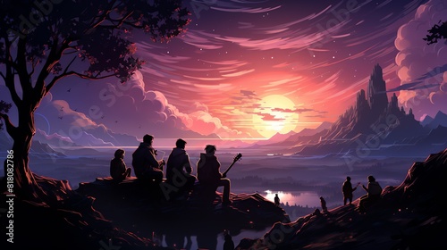 Lifestyle Concept  Friends sitting around a campfire  playing guitar and singing songs. surrealistic Illustration image 