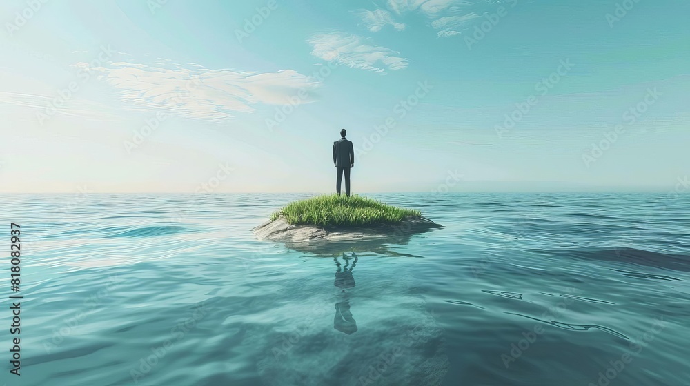 lonely businessman on tiny island vast ocean surrounds feeling isolated and overwhelmed surreal conceptual scene digital illustration lonely businessman on tiny island vast ocean surrounds feeling isolated and overwhelmed surreal conceptual scene digital illustration