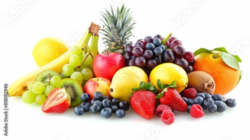 A variety of fruits including apples  bananas  grapes  pineapple  kiwi  strawberries  blueberries  and raspberries