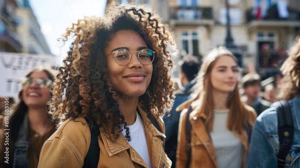 Fototapeta premium A gathering of young women standing closely together within a dense crowd, blending in with others in a busy urban setting