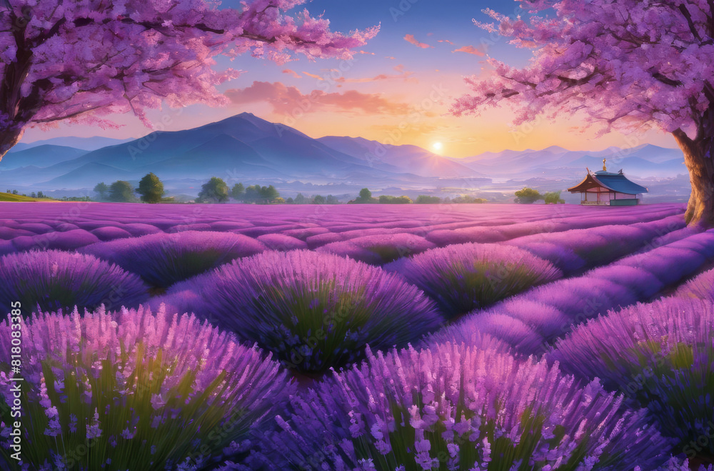 A fantastic landscape with a lavender field, trees, mountains and sakura.