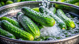 Freshly picked cucumbers being cleaned in a basin of water, with bubbles forming around them, highlighting the importance of hygiene in food preparation.