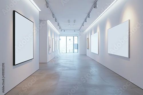 Soft white walls, empty frames, subtle ceiling lighting.