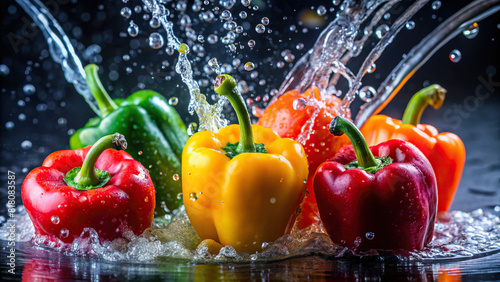 Close-up of colorful peppers being rinsed with water  each droplet capturing the essence of freshness against a dark  alluring background.