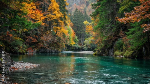 Nature s Beauty  A breathtaking landscape featuring a lush forest with a crystal-clear river flowing through it. The vibrant colors of the trees and the serene water create a sense of tranquility and 