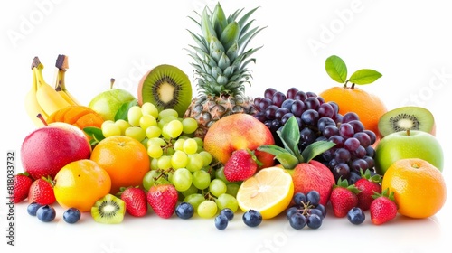 A variety of fruits are arranged in a colorful display.