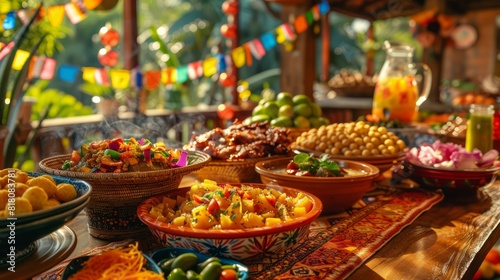 A table is covered with a variety of food  including bowls of salad  rice