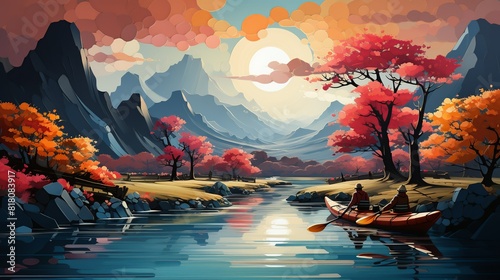 Lifestyle Concept  A group of friends paddling kayaks down a winding river. surrealistic Illustration image 