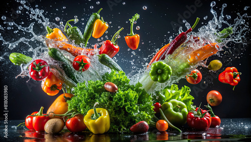 Various fresh vegetables being tossed in the air and splashed with water against a dark backdrop  capturing a moment of vibrant energy and vitality.