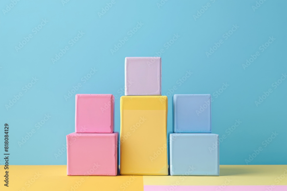 Various vibrant boxes stacked neatly on a background of blue and yellow, creating a visually striking contrast Various vibrant boxes stacked neatly on a background of blue and yellow, creating a visually striking contrast