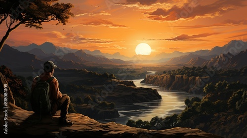Lifestyle Concept  A man sitting on a cliff edge  admiring the breathtaking view of a valley below. surrealistic Illustration image 