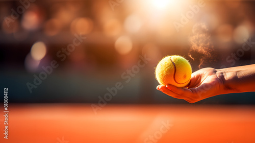 Close-up of a tennis player serving the ball on a tennis court during a competitive match